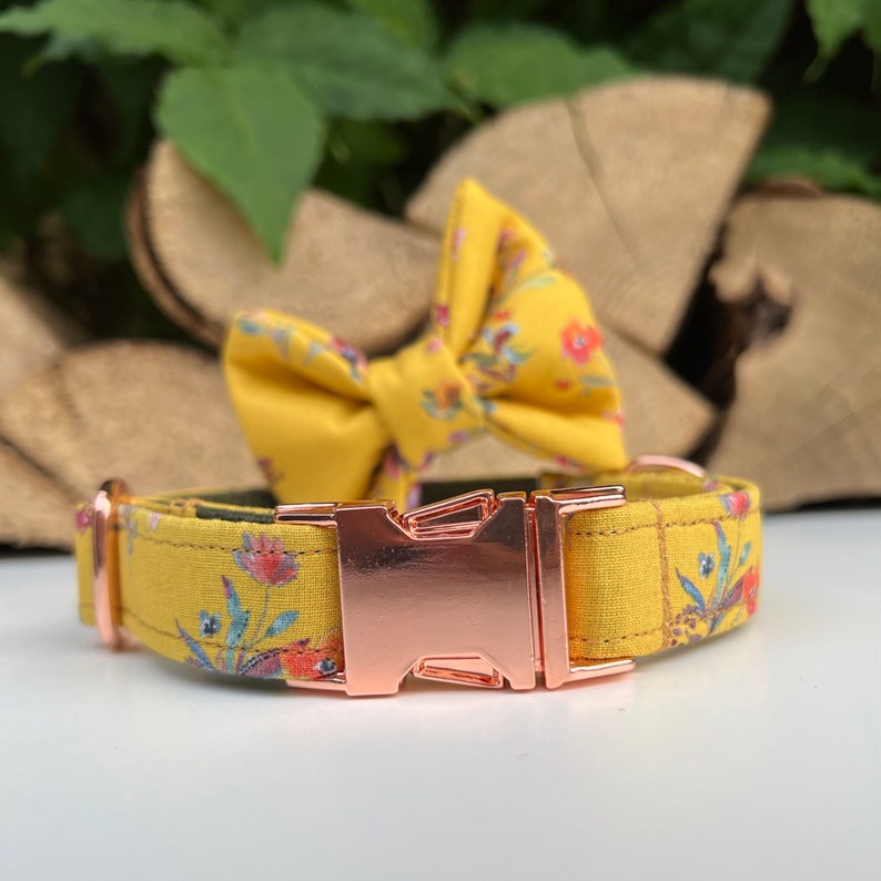 Mustard Yellow Ditsy Floral Dog Collar Bow Lead Set Rose Gold Etsy UK