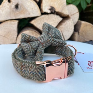 Harris Tweed® Dog Collar Optional Bow and lead  Heritage Khaki Green Herringbone Quick Release Buckles | Dash Of Hounds