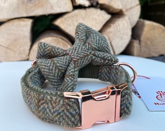 Harris Tweed® Dog Collar Optional Bow and lead  Heritage Khaki Green Herringbone Quick Release Buckles | Dash Of Hounds