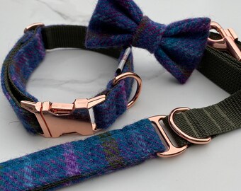 Harris Tweed® Dog Collar Bow and lead Set Blue Khaki Purple Quick Release Buckles | Hunter & Co.