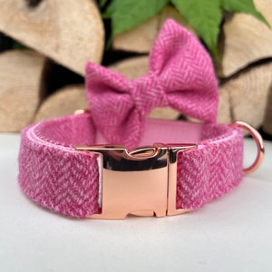 Raspberry Baby Pink Tweed Dog Collar Optional Bow Lead  Rose Gold Metal Buckle Quick Release Female Country Dog Puppy Leash | Dash Of Hounds