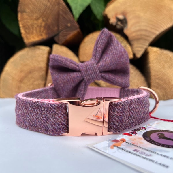 Amethyst Pink Tweed Dog Collar Optional Bow Lead  Rose Gold Metal Buckle Quick Release Female Country Dog Puppy Leash | Dash Of Hounds