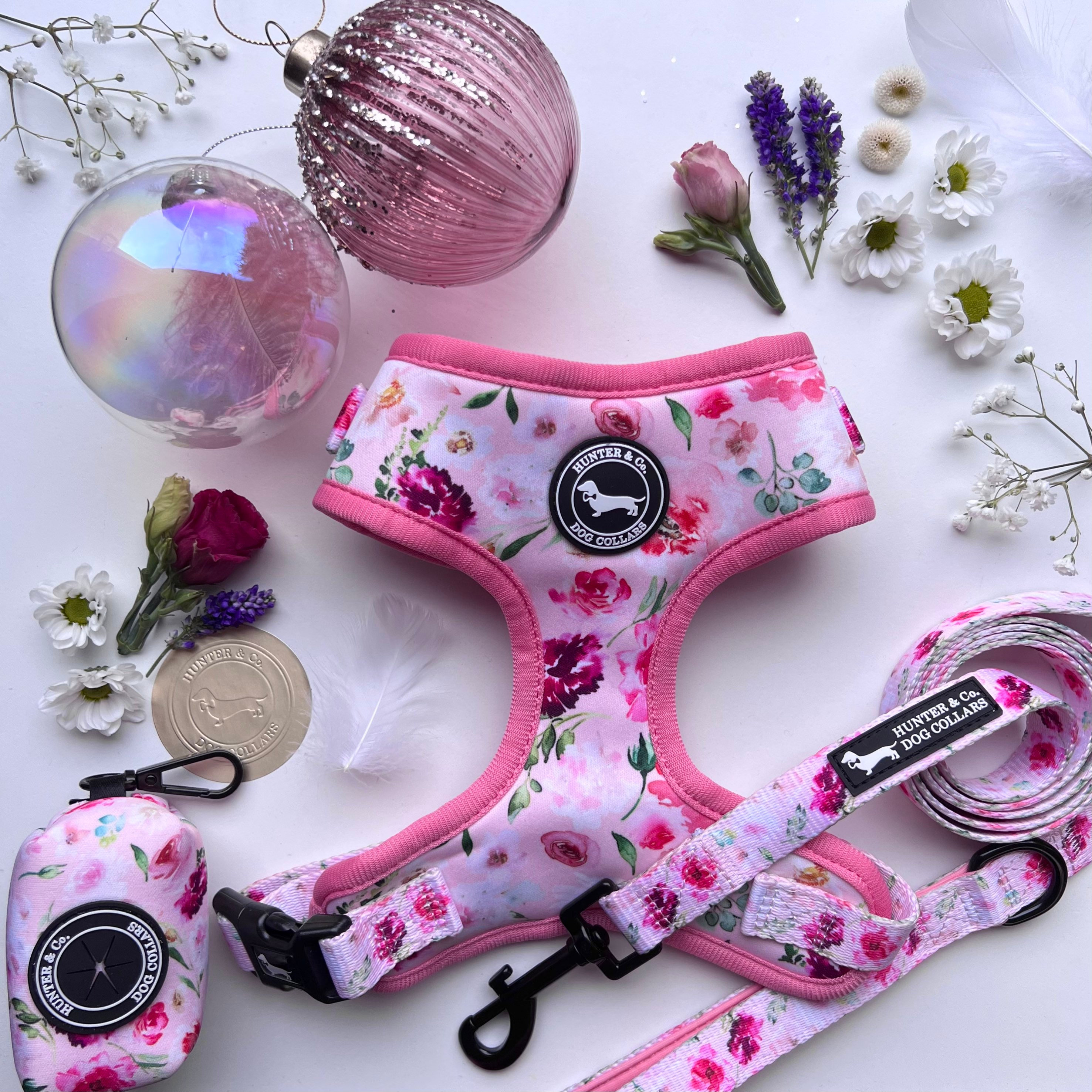Spring Watercolour Pink Floral Dog Harness, Soft Cushion Adjustable Harness, Female Puppy Dog Gift Harness