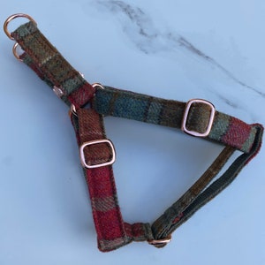 Autumnal Khaki Tweed Dog Harness Rose Gold Matte Black or Silver Adjustable Step In Style image 6