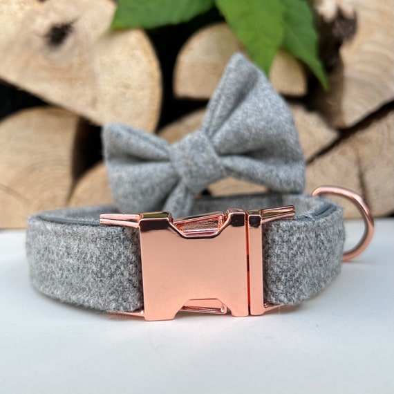 Light Grey Tweed Dog Collar Optional Bow and Lead Rose Gold Etsy