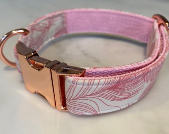 Feather Ivory Pink Dog Collar Bow Lead Set Rose Gold Metal Buckle Quick Release Female Dog Puppy Lead Leash | Dash Of Hounds