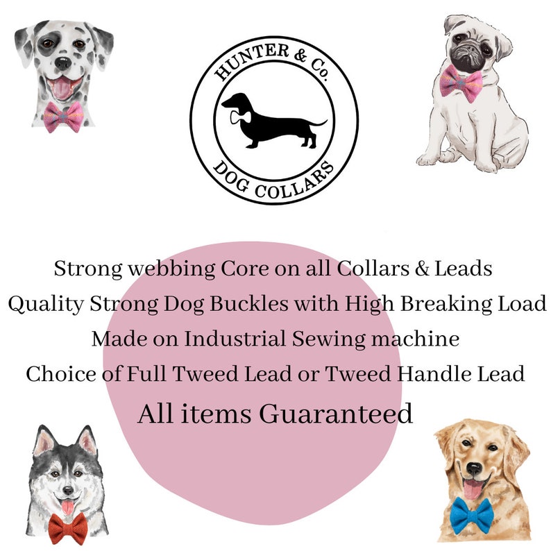 May include: A pink circle with the text "All items Guaranteed" in black. The circle is surrounded by four images of dogs wearing bow ties. The top left image is a Dalmatian, the top right image is a pug, the bottom left image is a husky, and the bottom right image is a golden retriever. The text "HUNTER & Co. DOG COLLARS" is in a black circle with a silhouette of a dachshund wearing a bow tie.