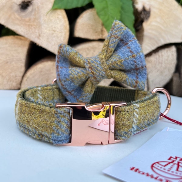 Harris Tweed® Dog Collar Optional Bow and lead  Mustard Blue Check Rose Gold Quick Release Buckles | Dash Of Hounds