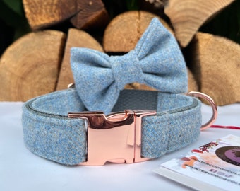 Baby Blue & Grey Tweed Dog Collar optional Bow and Lead  Rose Gold Metal Buckle Male Country Dog Puppy Lead Leash | Dash Of Hounds