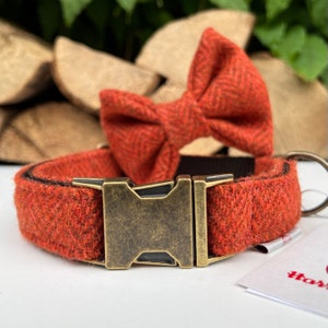 Harris Tweed® Dog Collar Optional Bow & Lead  Burnt Orange Herringbone Rose Gold  Metal Buckle Female Dog Puppy Leash | Dash Of Hounds