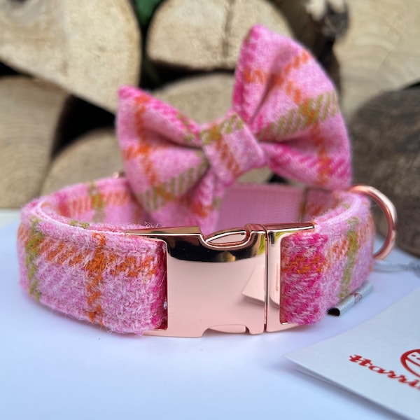 Harris Tweed® Dog Collar Optional Bow and Lead  Pink Rose Gold Metal Buckle Quick Release Female Country Dog Puppy Leash | Dash Of Hounds