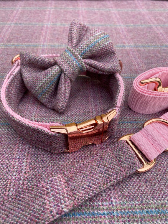 Rose Pink Tweed Dog Collar Bow Lead Set Rose Gold Metal Etsy