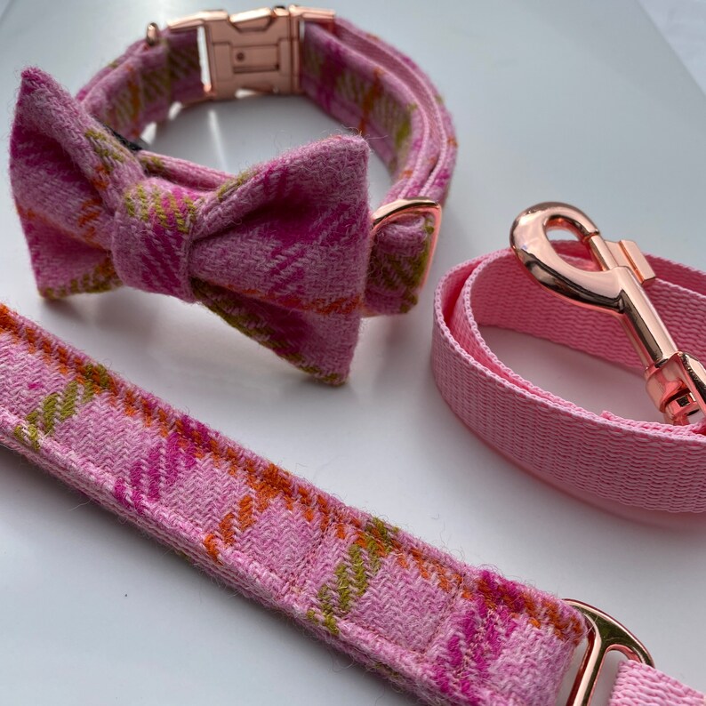 Genuine Harris Tweed® Dog Collar Bow and Lead Set Pink Rose Etsy UK