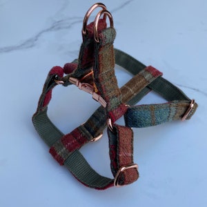 Autumnal Khaki Tweed Dog Harness Rose Gold Matte Black or Silver Adjustable Step In Style image 5