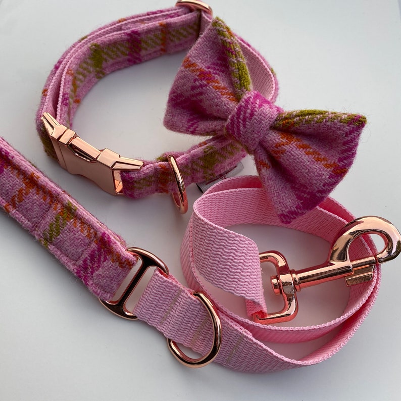 Genuine Harris Tweed® Dog Collar Bow and Lead Set Pink Rose Etsy UK