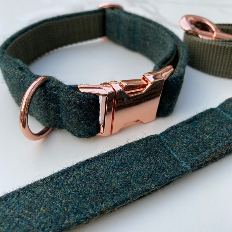 Teal Green Tweed Dog Collar Bow Lead Set Rose Gold Metal Etsy