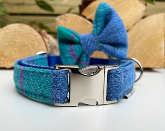 Harris Tweed Dog Collar Optional Bow Lead Tropical Sunset Blue Turquoise Pink Metal Buckle Male Country Dog Puppy Lead Leash | Dash Of Hound