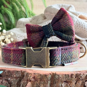 Pode incluir: Uma coleira para animal de estimação com um padrão de tecido xadrez em vermelho, verde e azul escuro, incluindo um laço a condizer. A coleira possui uma fivela de metal cor de bronze e um anel em D metálico para prender a trela.