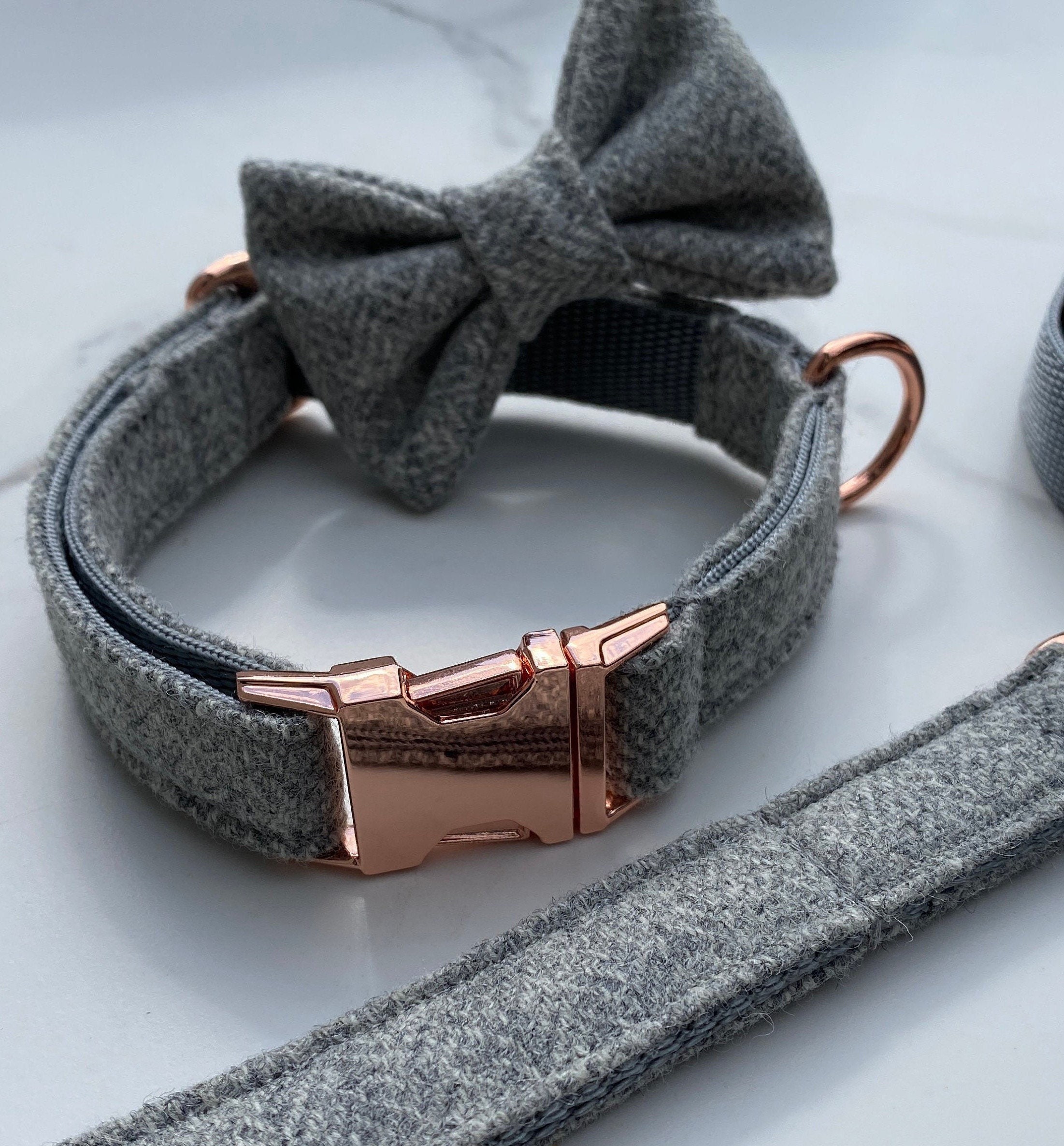 Light Grey Tweed Dog Collar Bow and Lead Set Rose Gold Metal Etsy UK