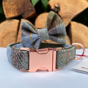 Harris Tweed® Dog Collar Optional Bow and lead  Heritage Khaki Green Blue check plaid Quick Release Buckles | Dash Of Hounds