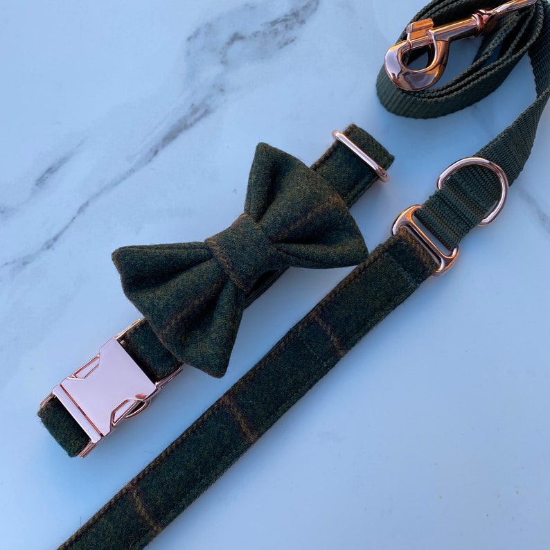 Green Tweed Dog Collar Bow Lead Set Rose Gold Metal Buckle Etsy
