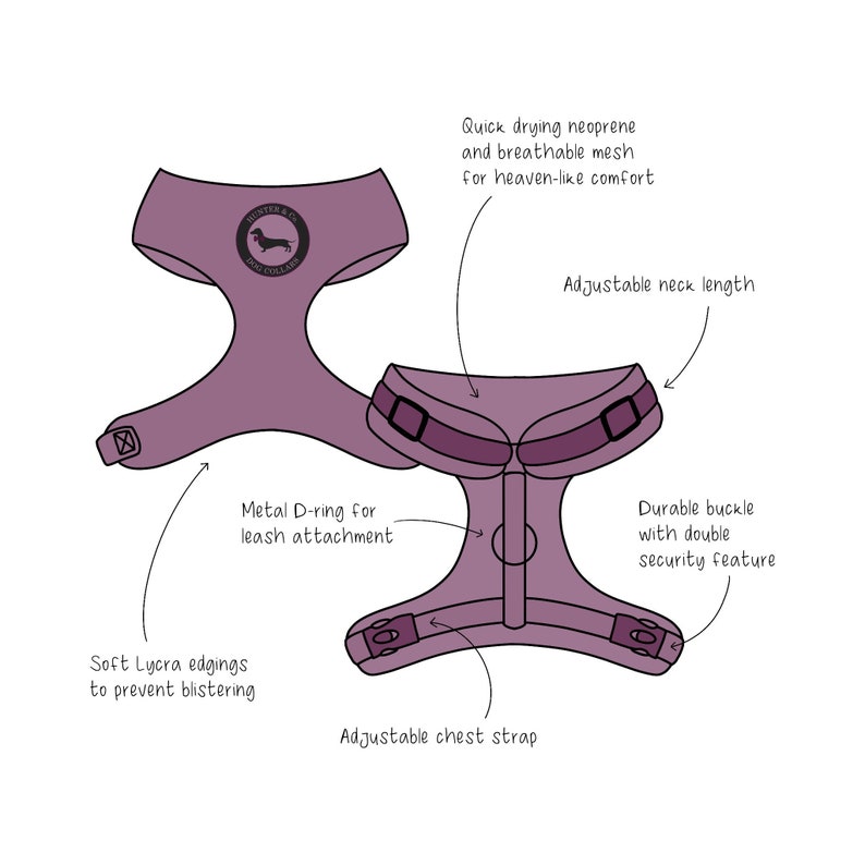 May include: Purple dog harness with adjustable chest strap, neck length, and metal D-ring for leash attachment. The harness has soft Lycra edging to prevent blistering and a durable buckle with a double security feature. The harness has the text "Hunter & Co. Dog Collars" printed on it.