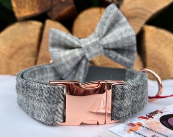 Grey Plaid Tweed Dog Collar optional Bow and Lead  Rose Gold Metal Buckle Quick Country Dog Puppy Lead Leash | Dash Of Hounds