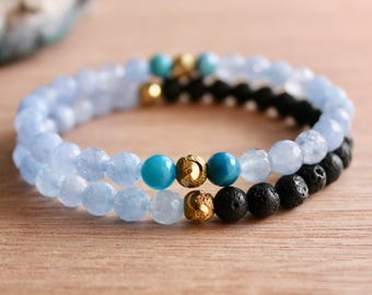 SERENITY / bracelet stack / angel agate bracelet / blue agate bracelet / lava bead bracelet / yoga jewelry / meditation jewelry