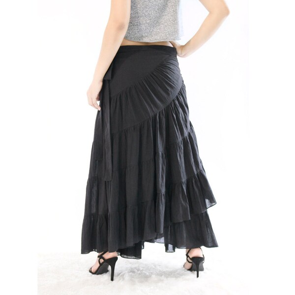 Cotton Wrap Skirt, Boho Summer Beach Gypsy Hippie Maxi Skirt, Freesize Broomstick Tiered Maternity Baby Shower skirt in Black