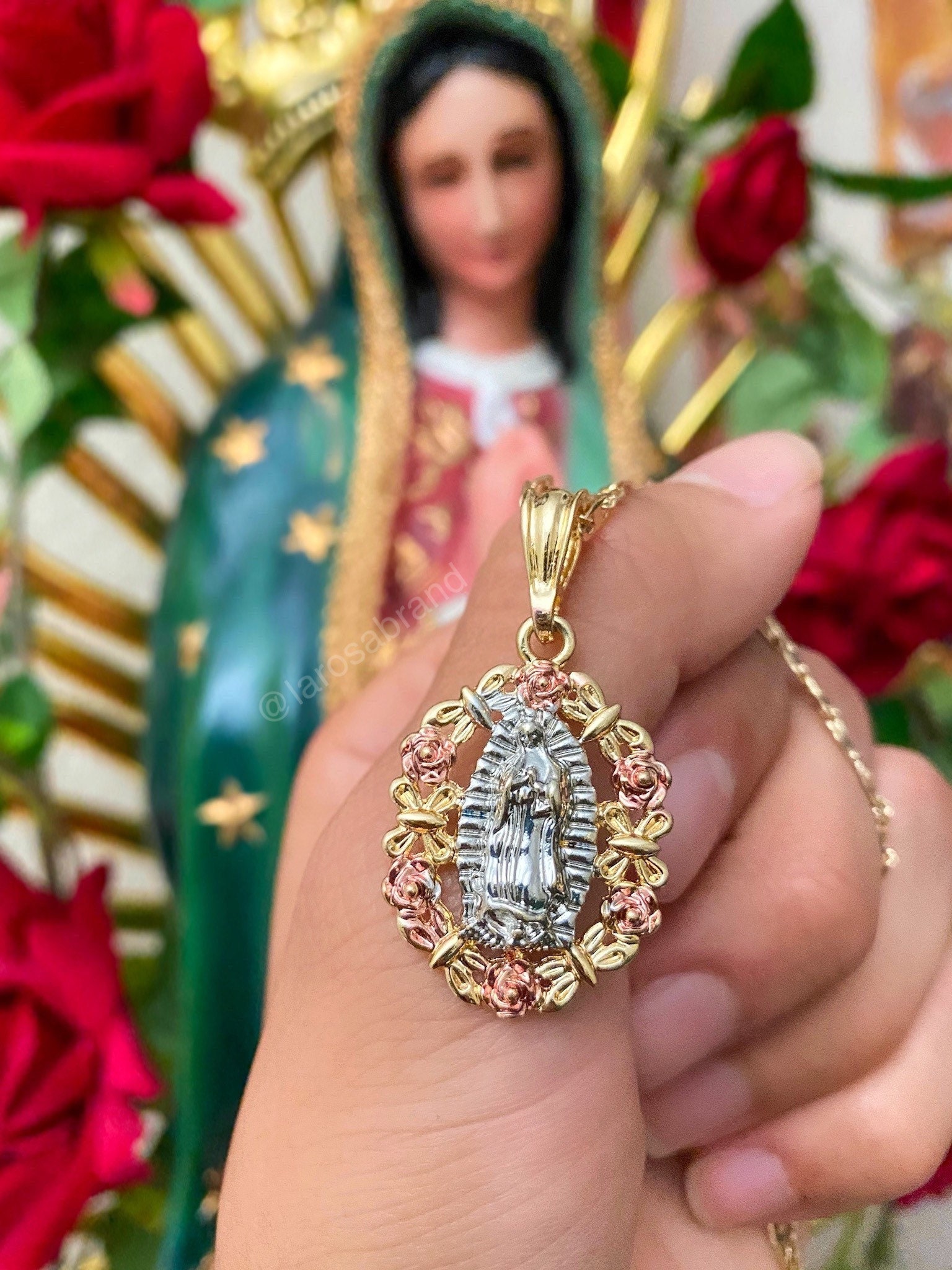 Virgen de Guadalupe Pendant Charm Necklace Real 14K Solid Tricolor Gold Rose Virgen de Guadalupe Pendant Charm Necklace Real 14K Solid Tricolor Gold Rose