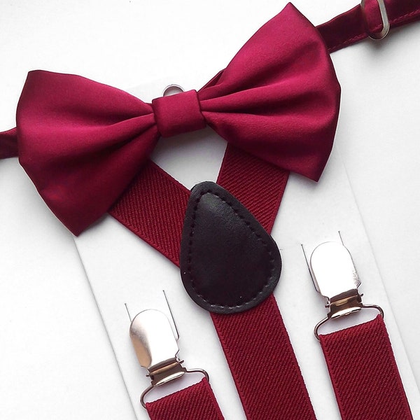 Burgundy bow tie and suspenders. Maroon bow tie. Burgundy handkerchief. Burgundy necktie. Maroon bow tie and suspenders. Maroon necktie set