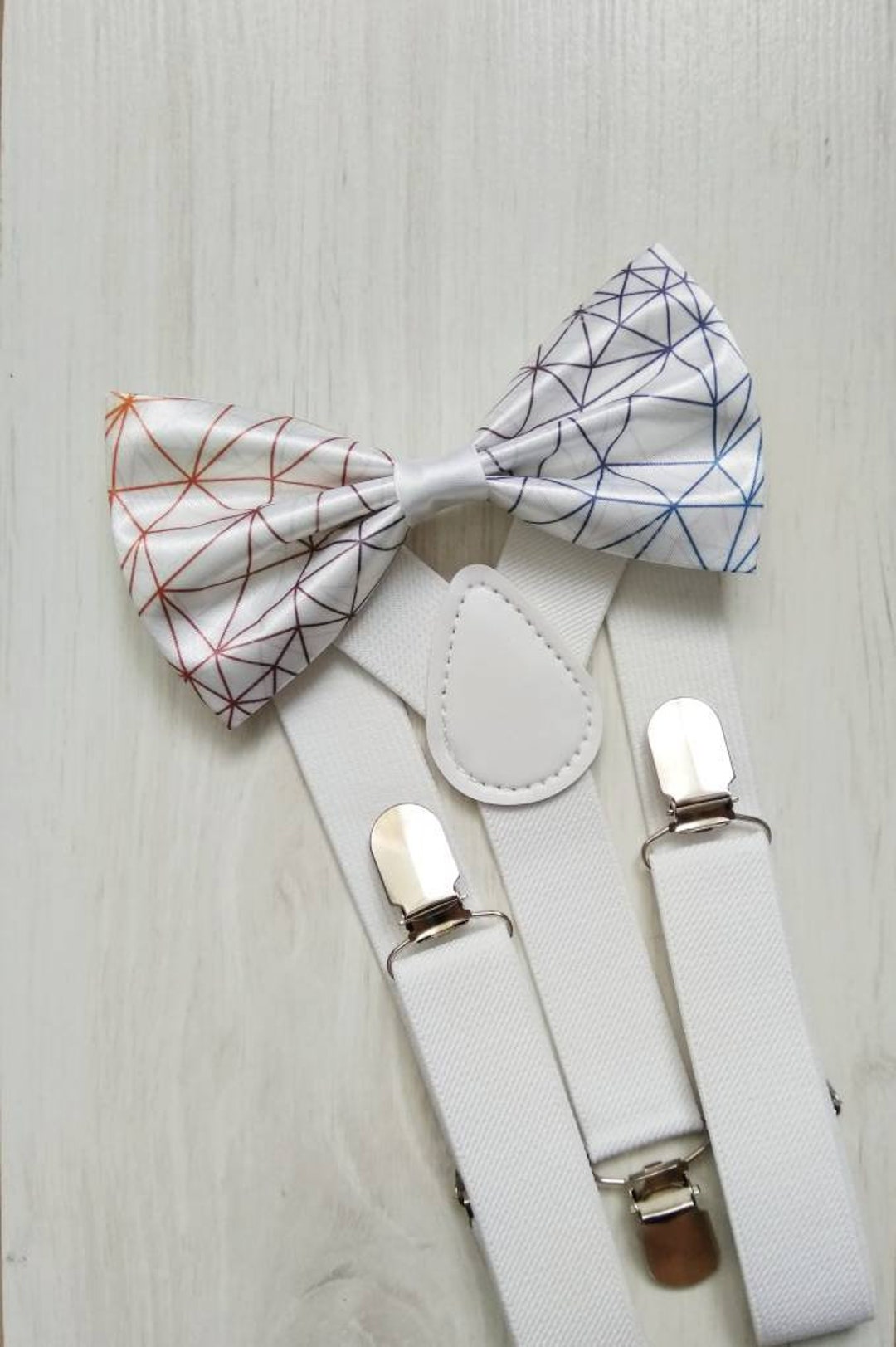 Poligonal Bow Tie. White Satin Bow Tie. Bow Tie and Suspenders. Graphic