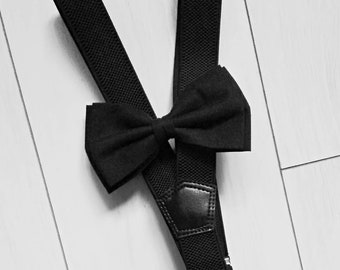 Black cotton bow tie and suspenders. Black bow tie and suspenders. Teenager suspenders. Bow tie set. Baby suspenders. Adult suspendersa