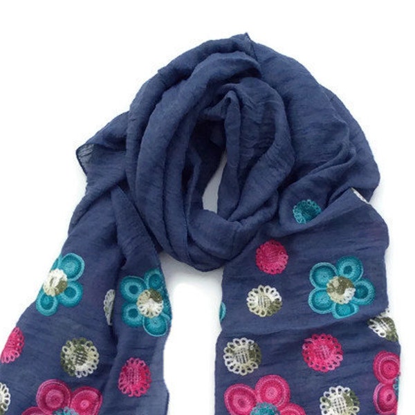 Blue flower scarf, blue floral scarf, embroidered scarf, spring summer,  trends 2016, womens infinity scarf, birthday, anniversary, present