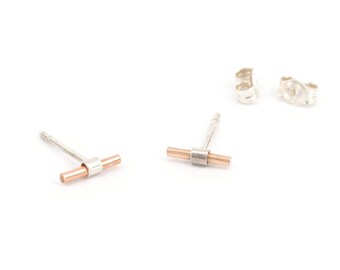 Boucles d’oreilles en or rose et argent sterling pour femmes ou hommes, boucles d’oreilles minimalistes à petites barres pour piercings multiples, petites boucles d’oreilles de tous les jours