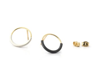 Mixed Metal Silver and 14K Gold Stud Earrings, Gold and Black Circle Earrings for Women, Open Minimalist 14K Gold Post Earrings