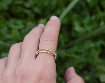 Set of Two Unique Stacking Rings, Minimalist Mixed Metal Statement Stacking Ring, Modern Gold and Silver Stackable Bands, Edgy Stacking Ring