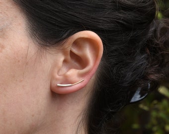 Dainty and Unique Ear Climber, Gold and Silver Crawler Earrings, Thin Ear Sweep Earring, Minimal Mixed Metal Sweeper Earrings, Gold Crawlers