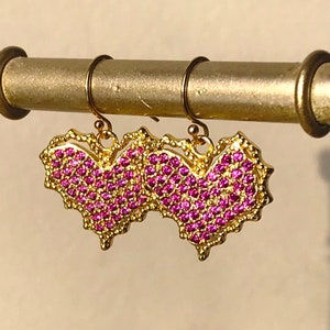 gold filled pink crystal heart earrings
