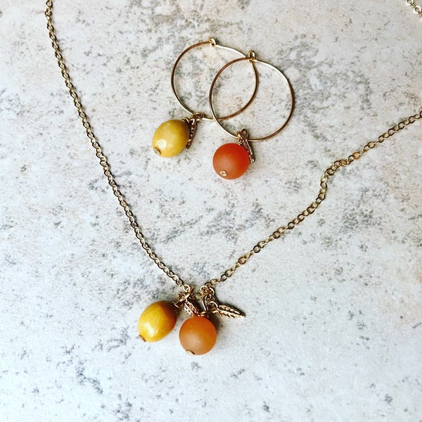 citrus fruit necklace and hoop earrings