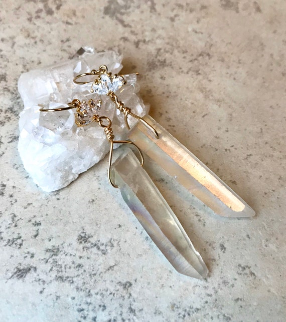 Gold Plated Small Angel Aura Quartz Titanium AB Color Crystal Point Pe