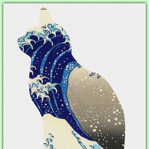 De grote golf van Kanagawa Cat Art 802 Modern Cross Stitch patroon geteld Cross Stitch Chart Needlecraft PDF-formaat Instant Download