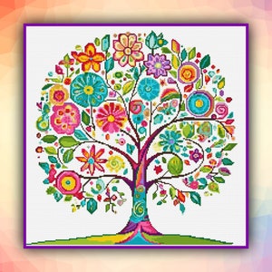 Kruissteekpatroon levensboom vier seizoenen zomer 337 moderne DIY Cross Stitch Count Easy Cross Stitch Chart Pdf-formaat Instant Download