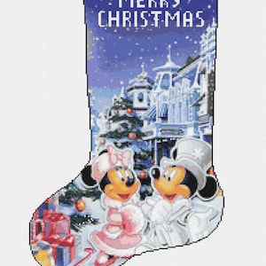 Kerstsok Mickey en Minnie 863 modern kruissteekpatroon geteld kruissteekkaart Needlecraft Pdf-formaat Direct downloaden