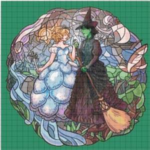 Glinda & Elphaba 017 Gebrandschilderd glas Modern Cross Stitch Patroon Geteld Cross Stitch Chart Pdf-formaat Direct downloaden