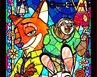 Zootopia Cartoon Stained Glass 513 Fairy Tale Modern Cross Stitch Pattern Counted Cross Stitch Chart PDF Format Instant Download