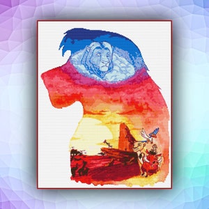 Kruissteekpatroon sprookje Lion King aquarel 790 modern kruissteekpatroon geteld kruissteektabel pdf-formaat direct downloaden