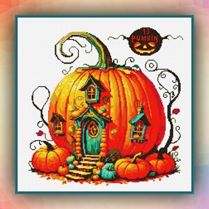 DIY-kruissteekpatroon Halloweenfeest pompoenhuis Cross Stitch Pattern Count 329 Easy Cross Stitch Chart Pdf-formaat Instant Download