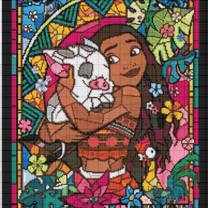 Sprookje prinses Moana gebrandschilderd glas 211 modern kruissteekpatroon geteld kruissteektabel pdf-formaat direct downloaden