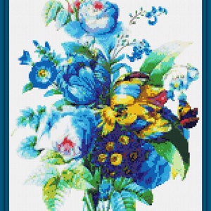 Blu-rozen bloemen transparant 116 modern kruissteekpatroon geteld kruissteektabel Needlecraft Pdf-formaat Direct downloaden